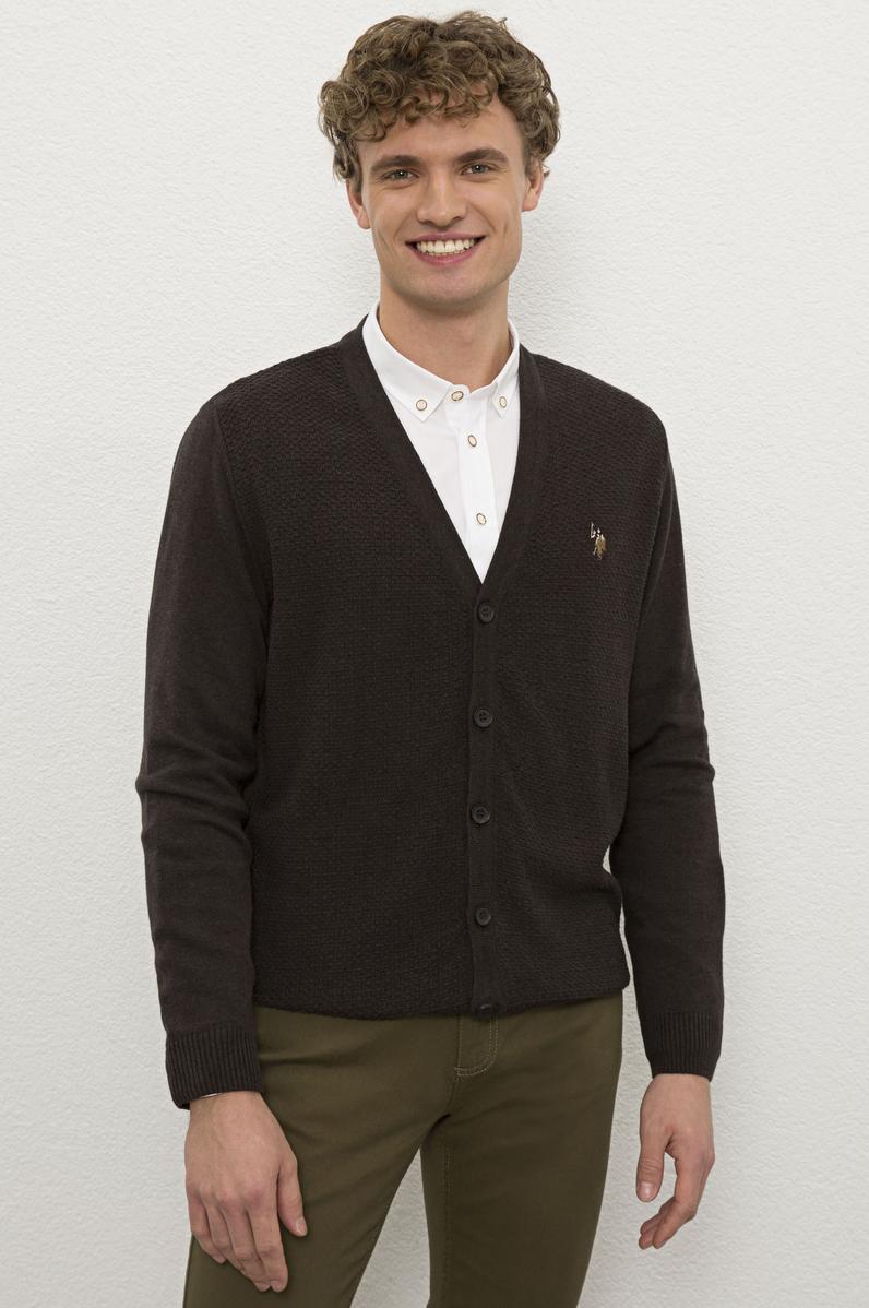 Erkek Kahverengi V-Yaka Triko Hırka Basic