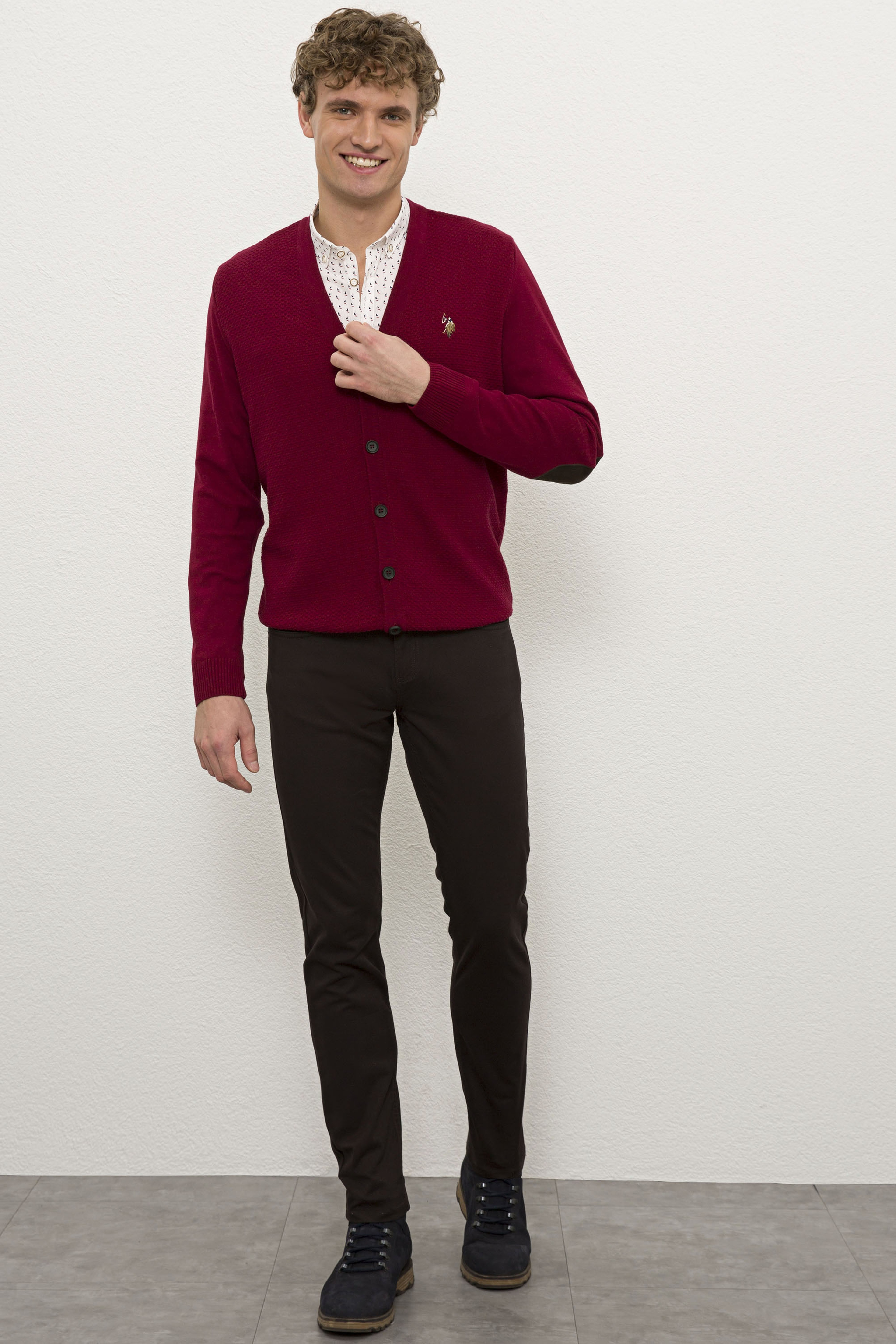 Erkek Bordo V-Yaka Triko Hırka Basic