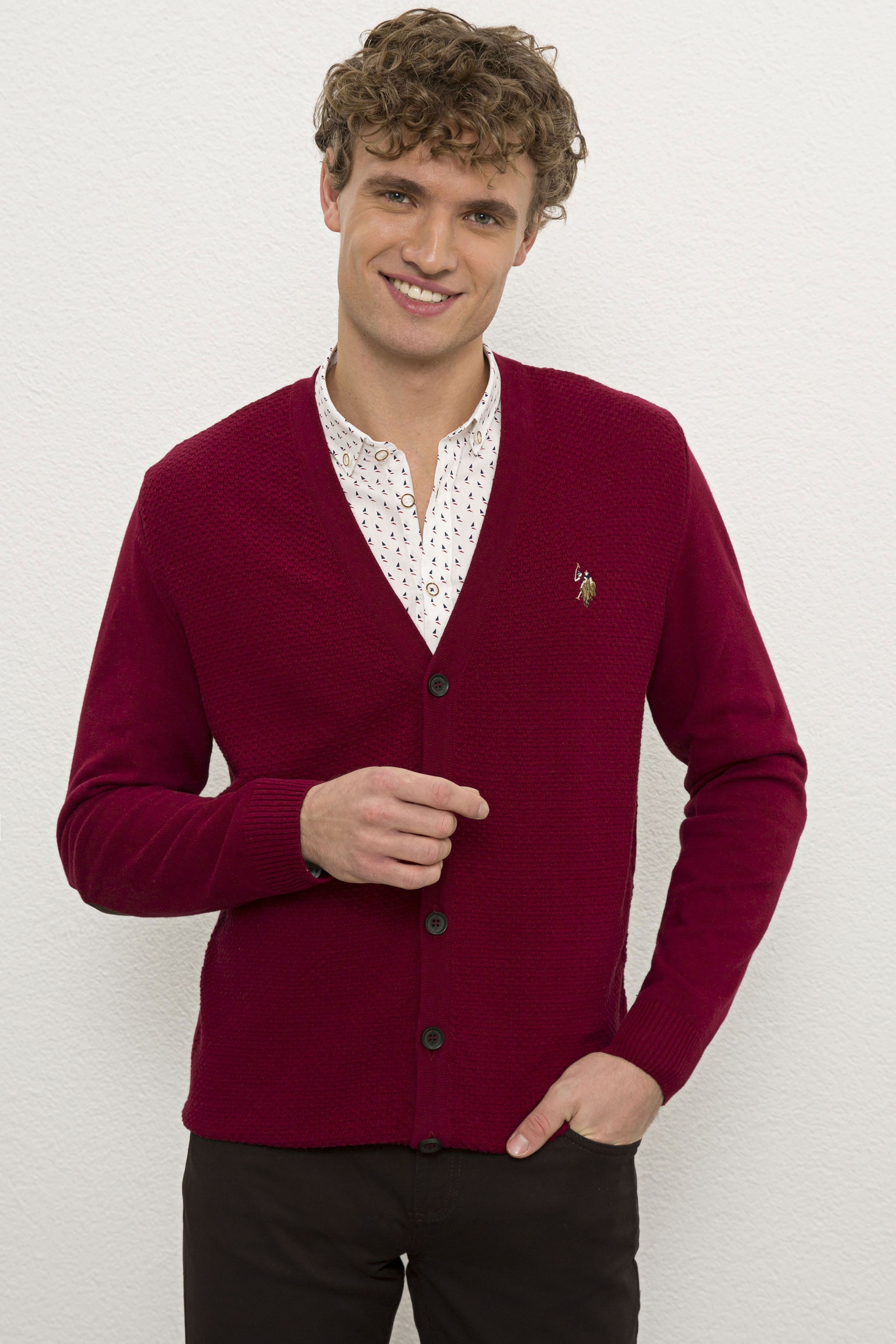 Erkek Bordo V-Yaka Triko Hırka Basic - Image 1