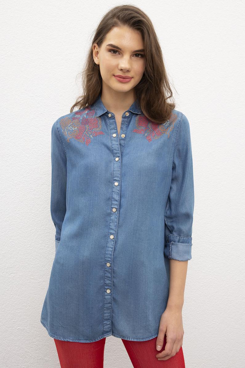 Kadın Mavi Denim Gömlek