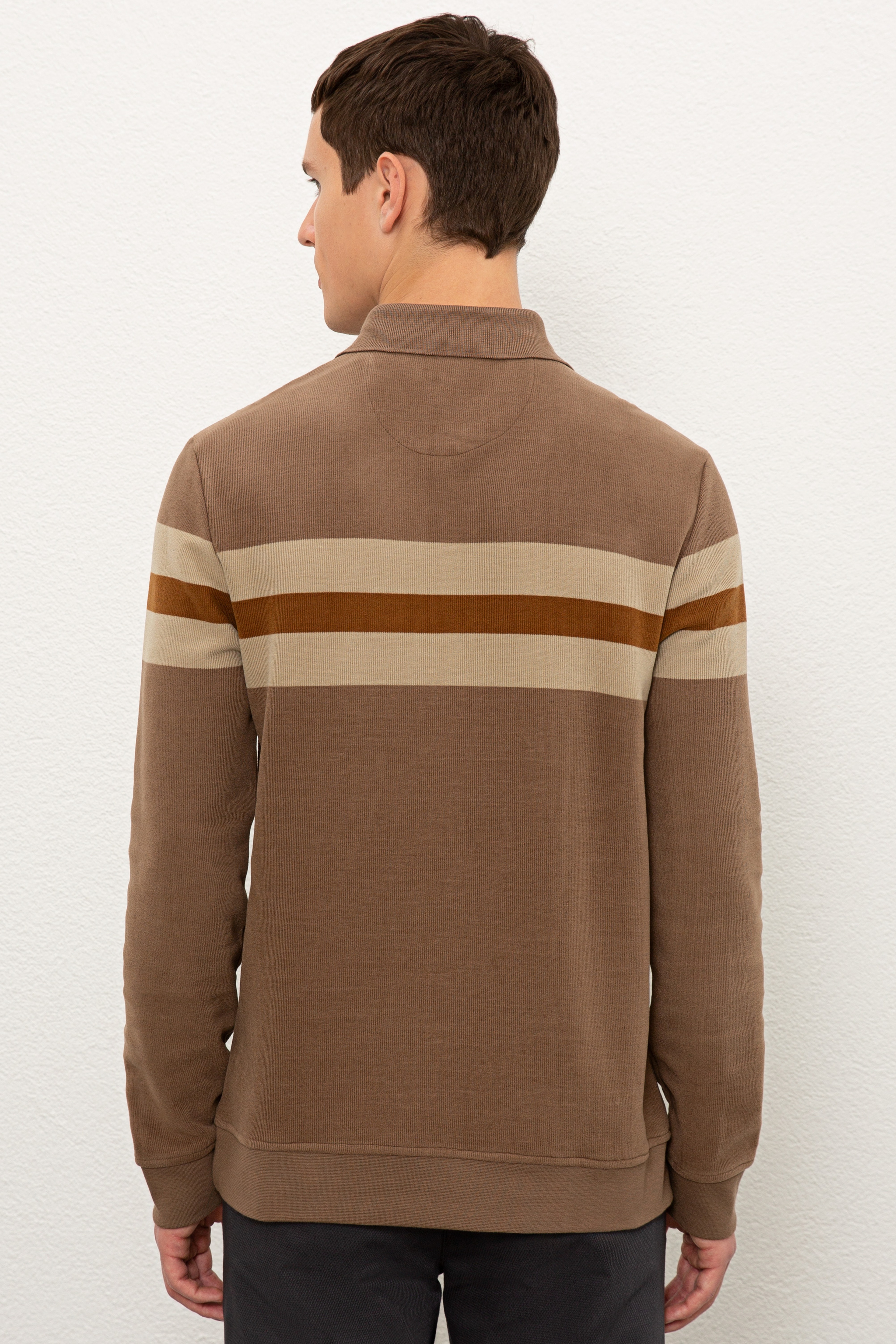Erkek Vizon Polo Yaka Sweatshirt