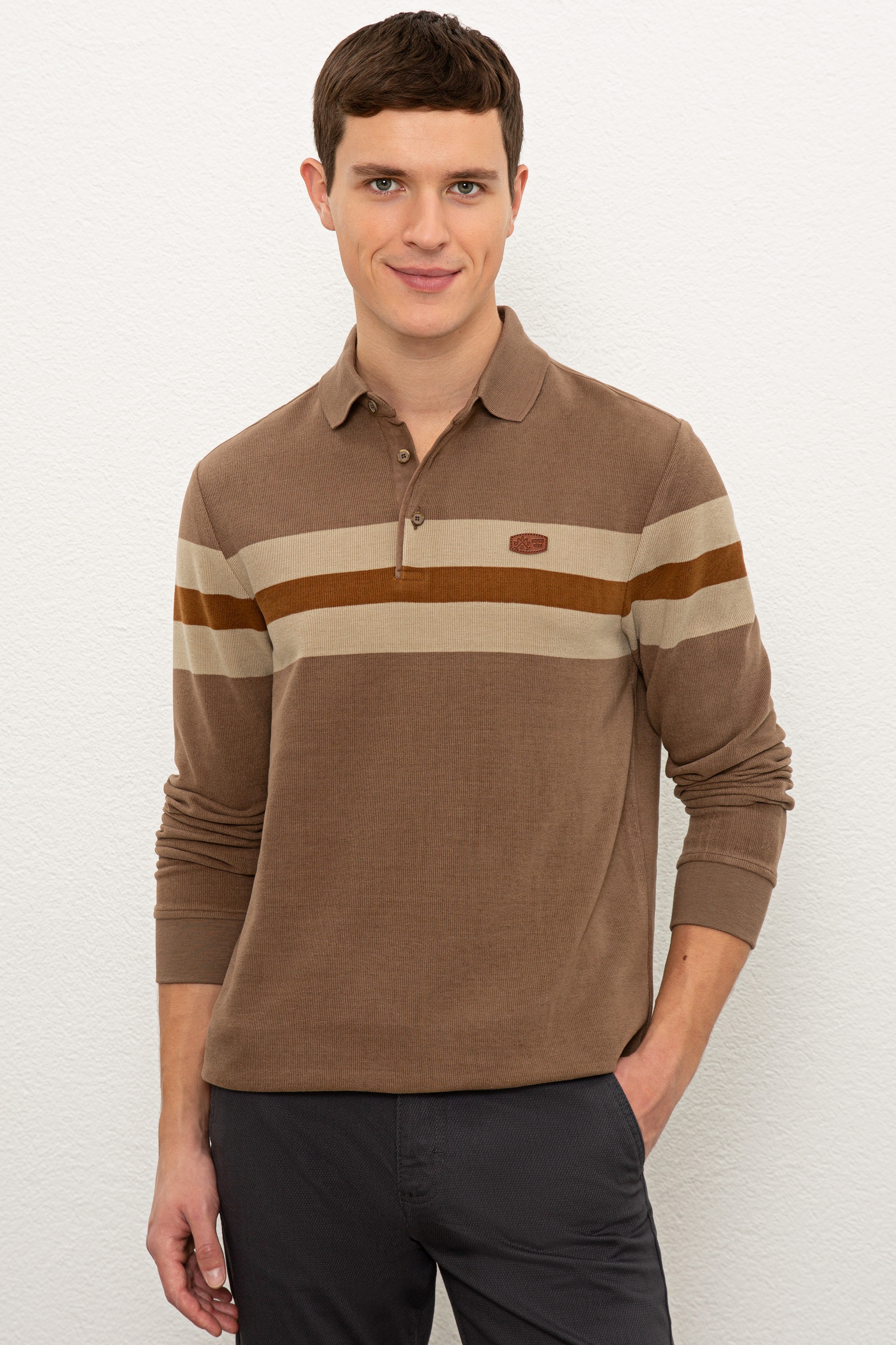 Erkek Vizon Polo Yaka Sweatshirt - Image 1