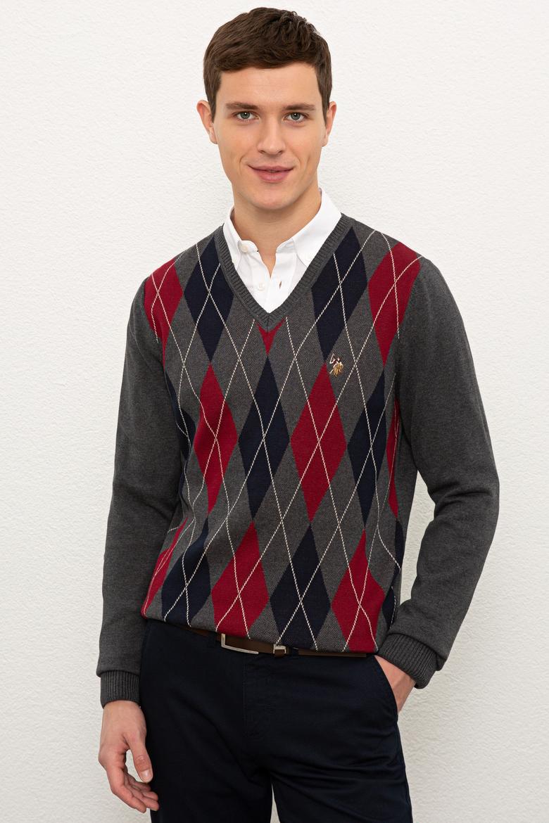 Erkek Antrasit Melanj V-Yaka Triko Kazak