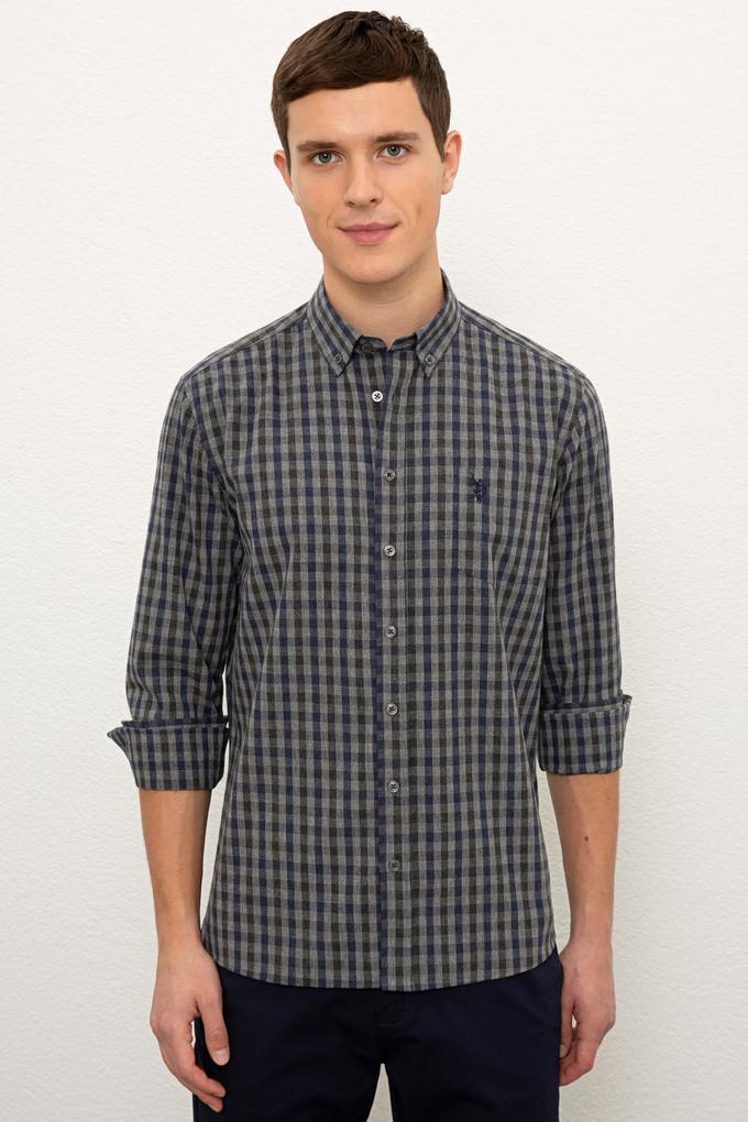 Erkek Lacivert Antrasit Mini Kareli Gömlek Uzunkol