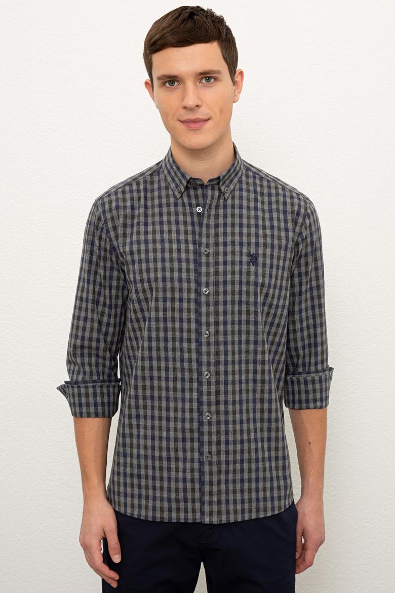 Erkek Lacivert Antrasit Mini Kareli Gömlek Uzunkol