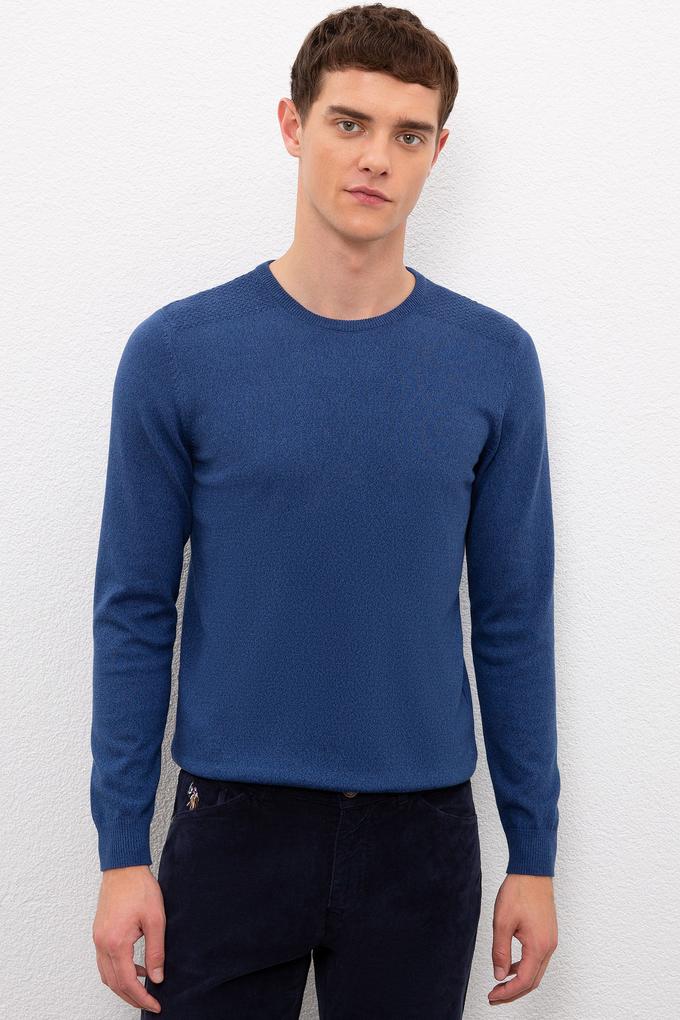 Erkek İndigo V Yaka Basic Triko Kazak