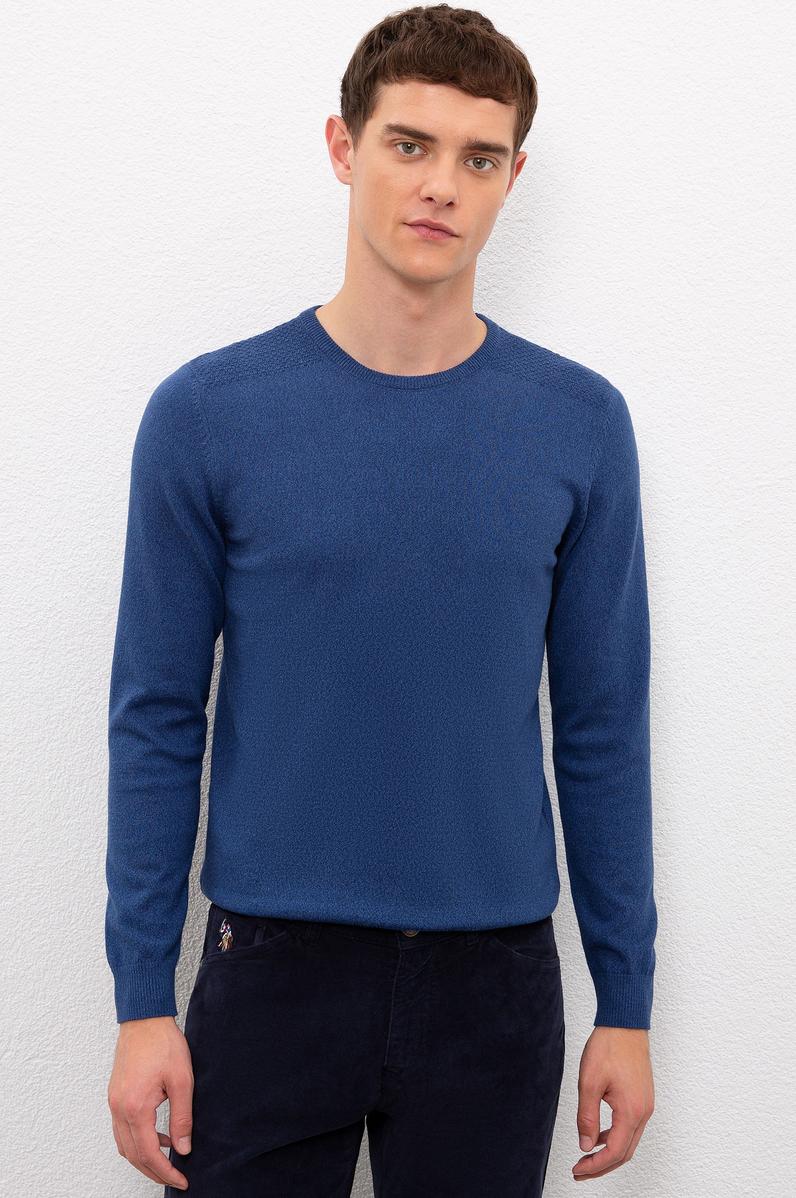 Erkek İndigo V Yaka Basic Triko Kazak