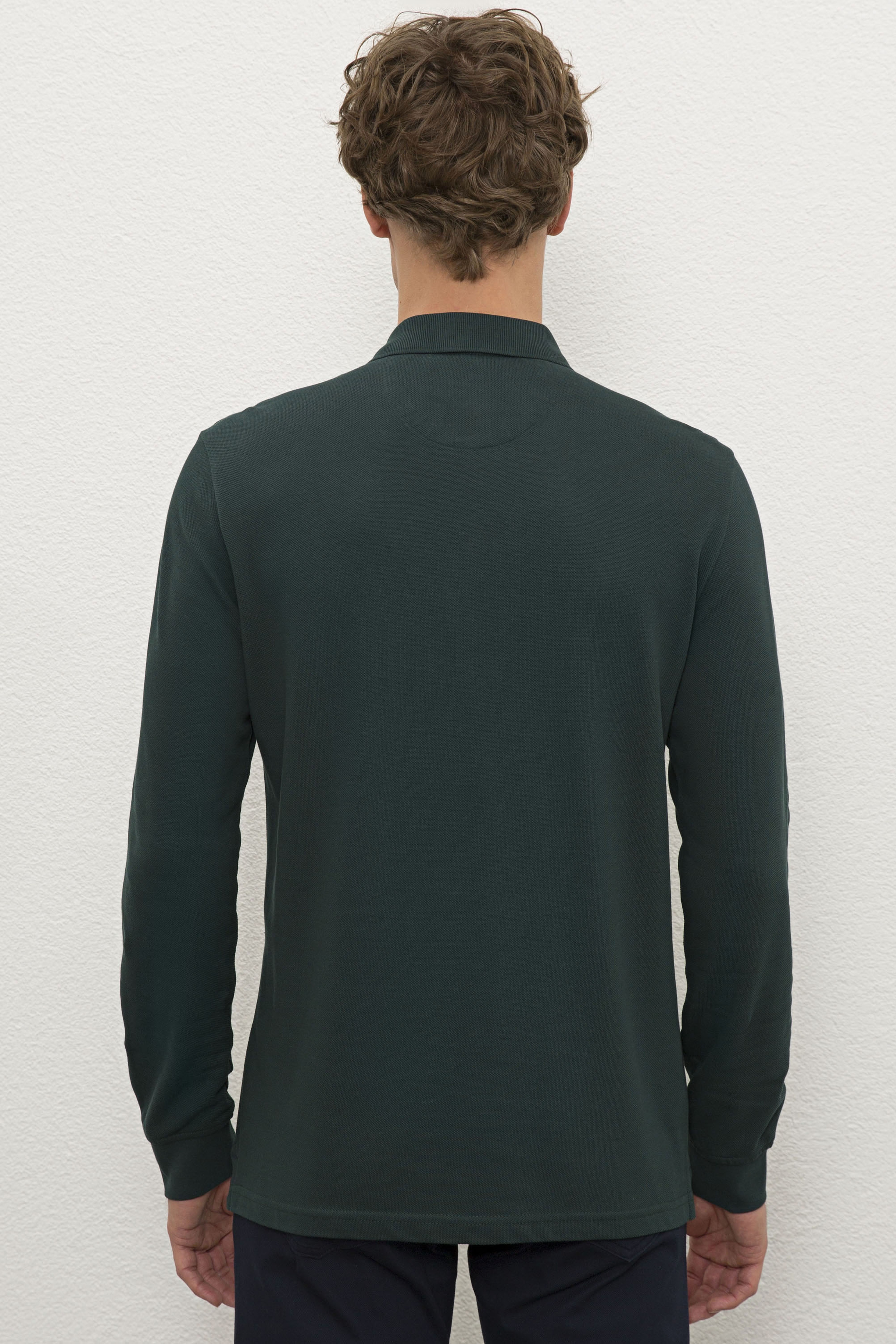 Erkek Koyu Yeşil Polo Yaka Sweatshirt Basic - Image 3