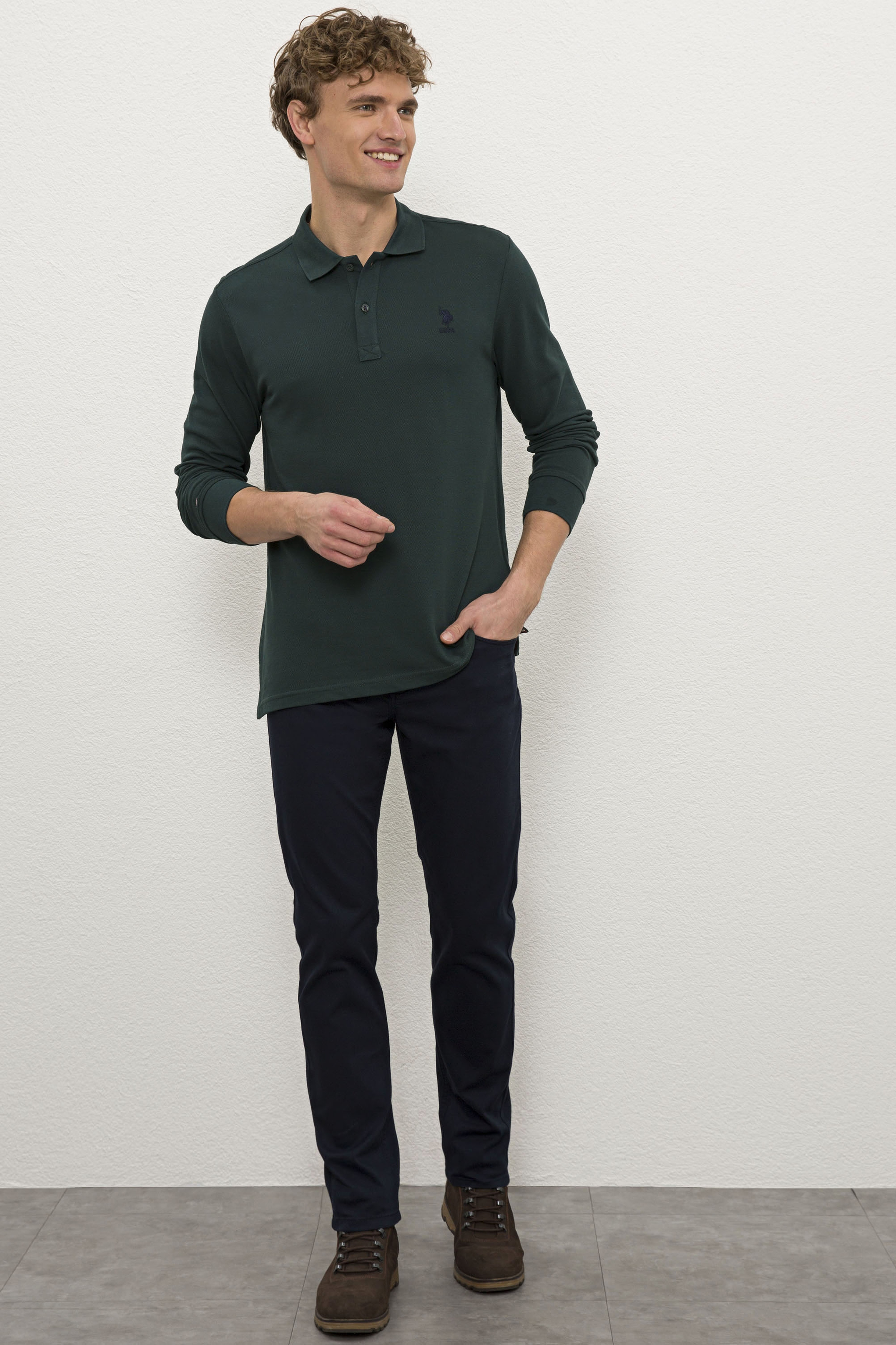 Erkek Koyu Yeşil Polo Yaka Sweatshirt Basic