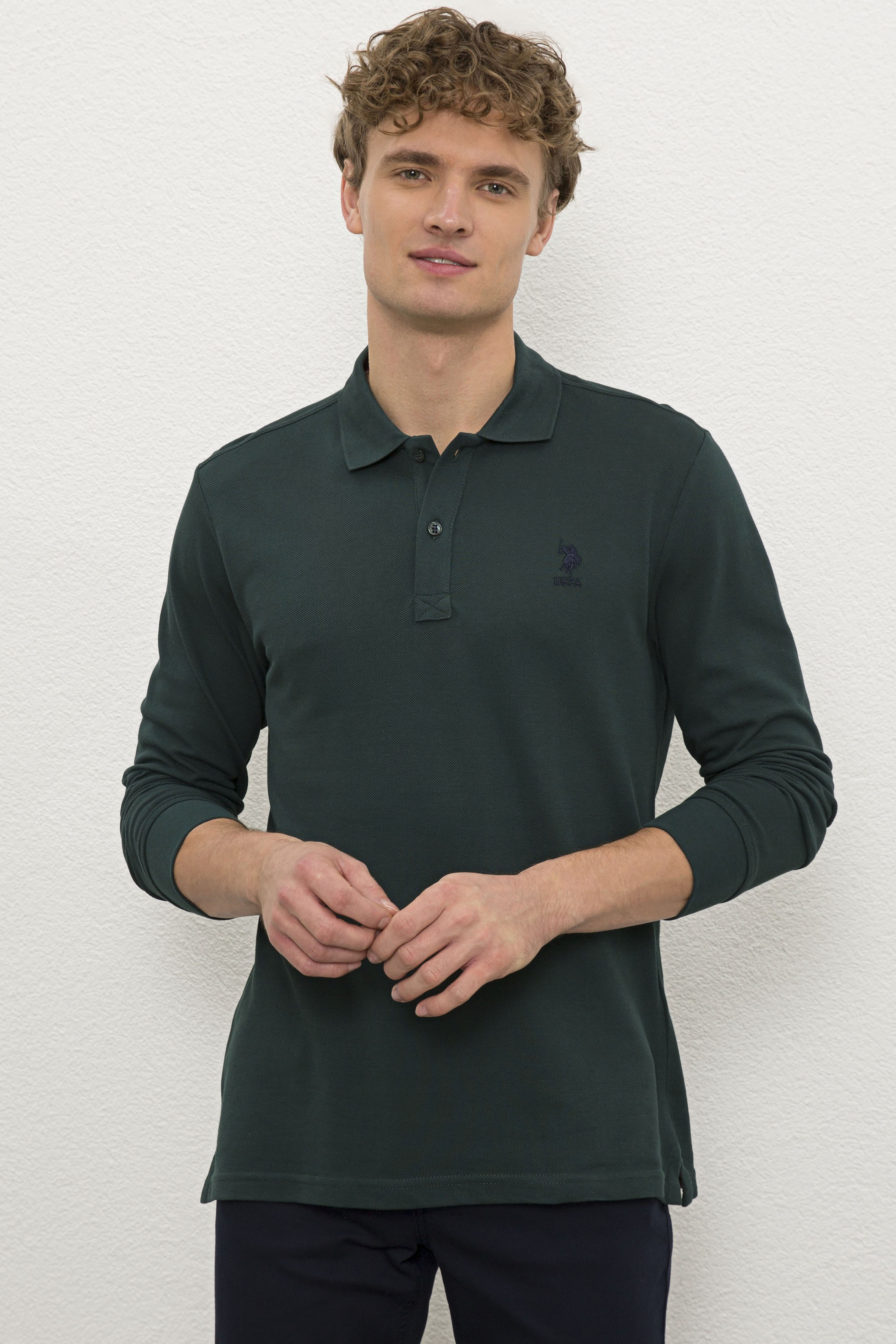Erkek Koyu Yeşil Polo Yaka Sweatshirt Basic - Image 1