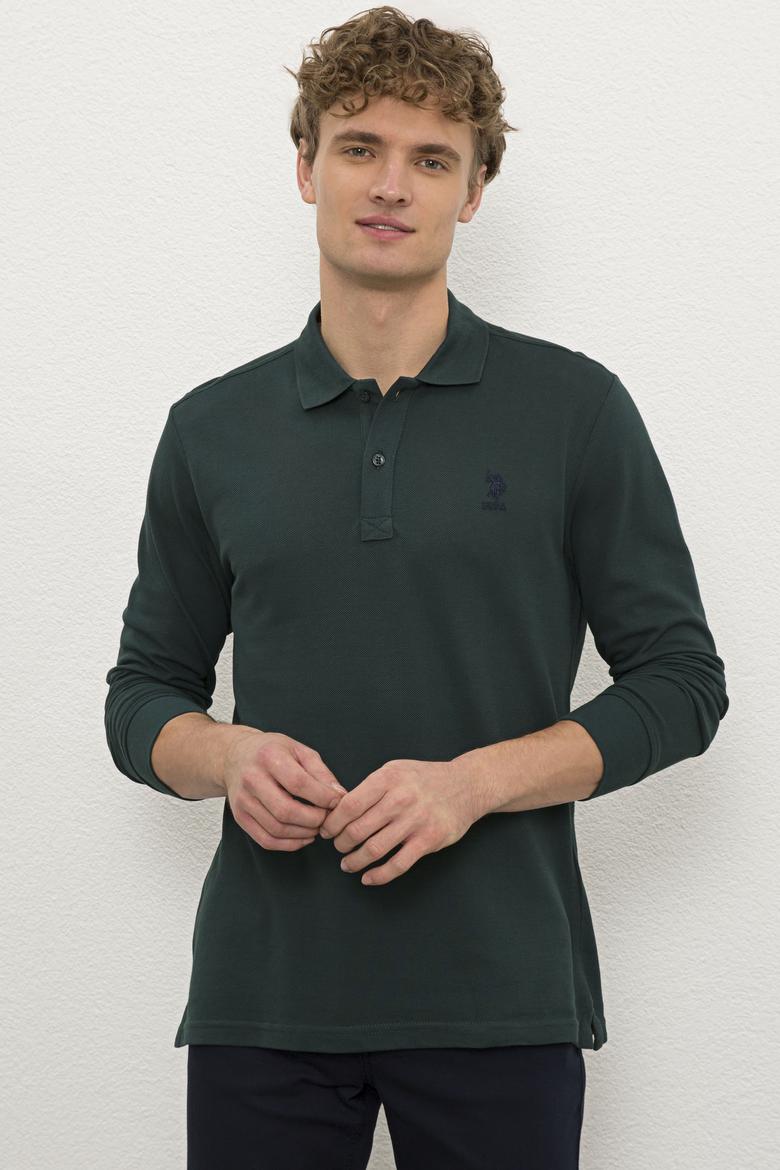 Erkek Koyu Yeşil Polo Yaka Sweatshirt Basic