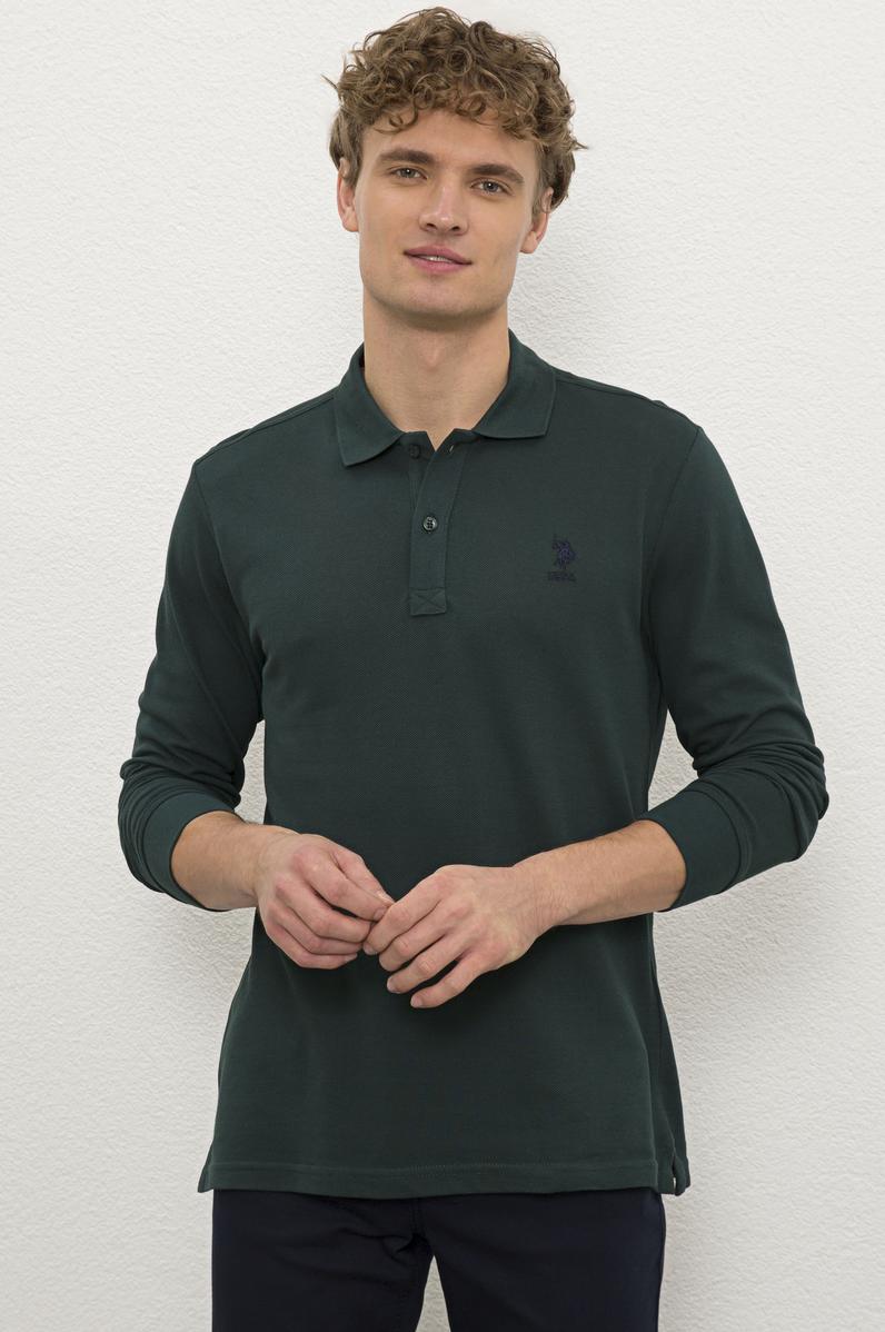 Erkek Koyu Yeşil Polo Yaka Sweatshirt Basic