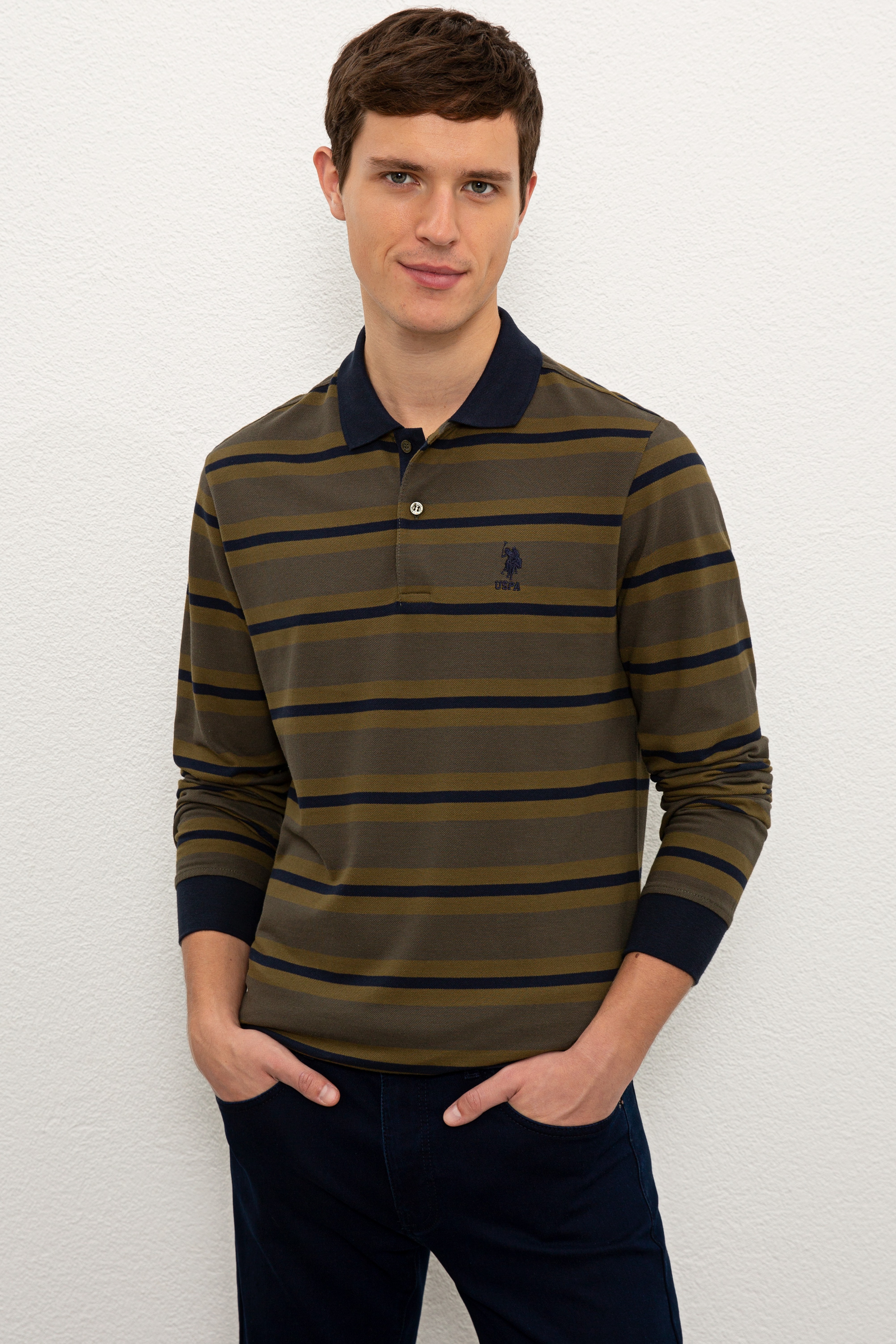 Erkek Koyu Haki Polo Yaka Sweatshirt - Image 1