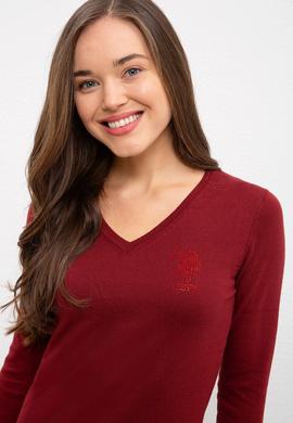 Kadın Bordo Basic V Yaka Kazak - 50224706026