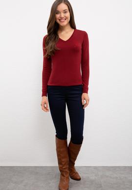 Kadın Bordo Basic V Yaka Kazak - 50224706026