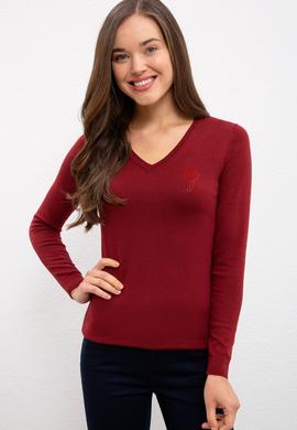 Kadın Bordo Basic V Yaka Kazak - 50224706026