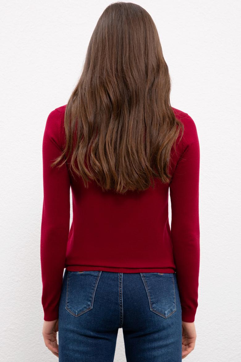 Kadın Bordo Basic Kazak - 50224709035