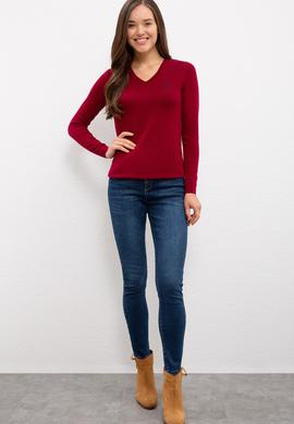 Kadın Bordo Basic Kazak - 50224709035