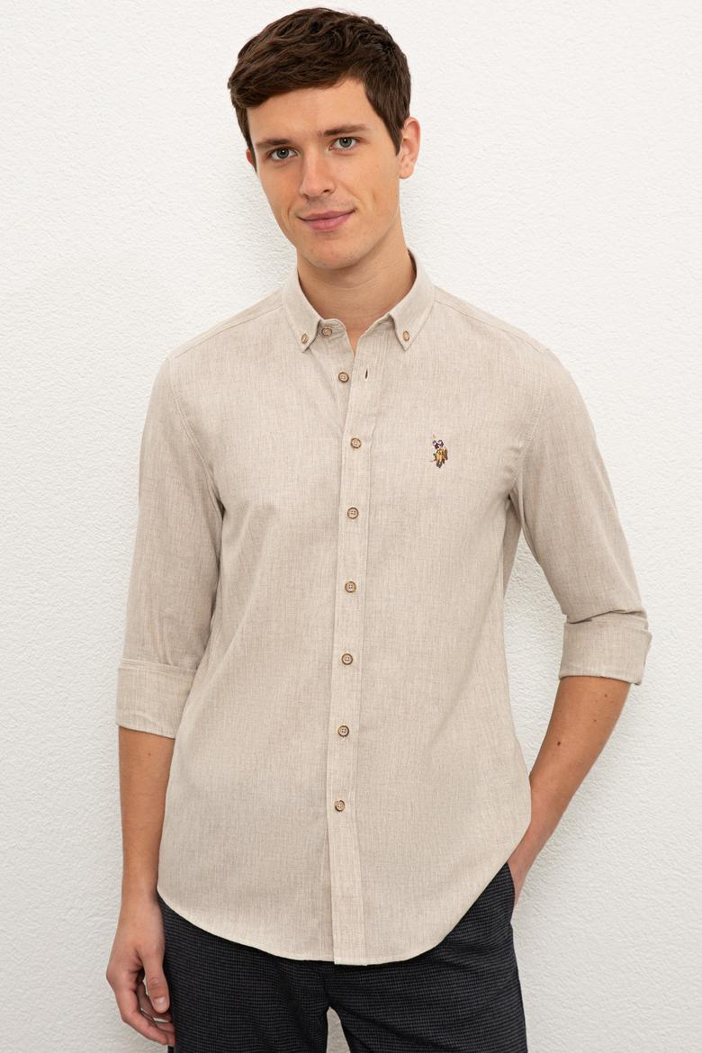 Erkek Bej Gömlek Uzunkol Basic