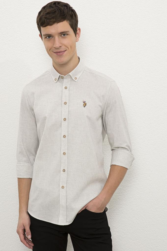 Erkek Ekru Uzun Kollu Basic Gömlek