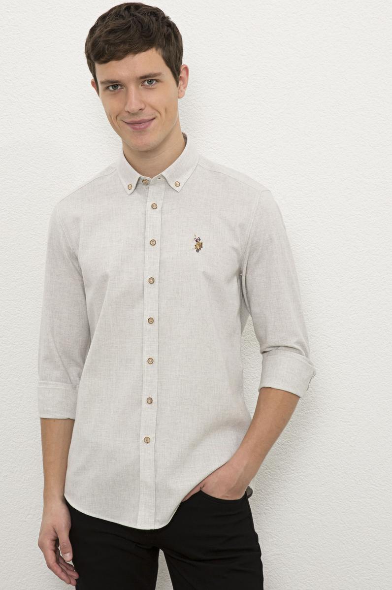 Erkek Ekru Uzun Kollu Basic Gömlek