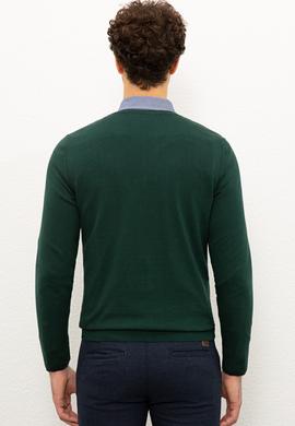 Erkek Koyu Yeşil V-Yaka Triko Kazak Basic - 50224729009