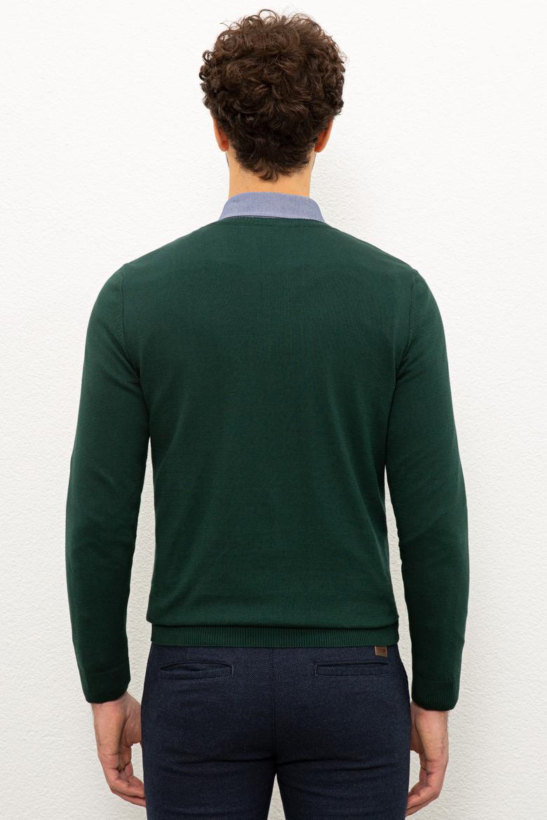 Erkek Koyu Yeşil V-Yaka Triko Kazak Basic - 50224729009