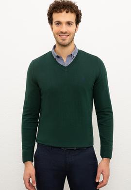 Erkek Koyu Yeşil V-Yaka Triko Kazak Basic - 50224729009