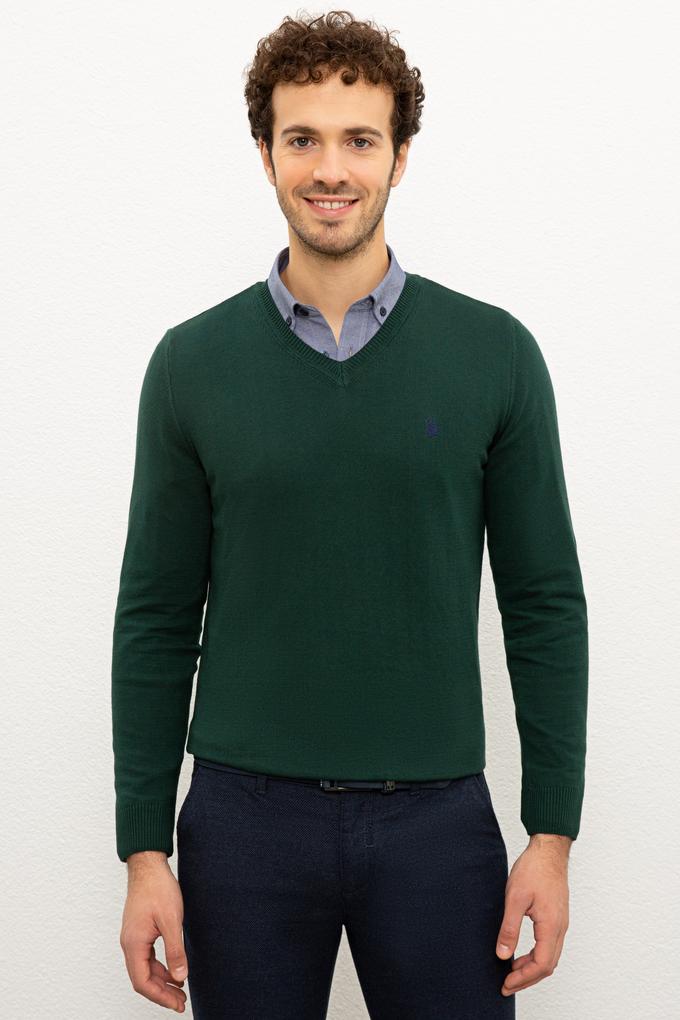 Erkek Koyu Yeşil V-Yaka Triko Kazak Basic