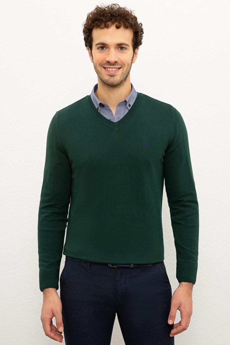 Erkek Koyu Yeşil V-Yaka Triko Kazak Basic