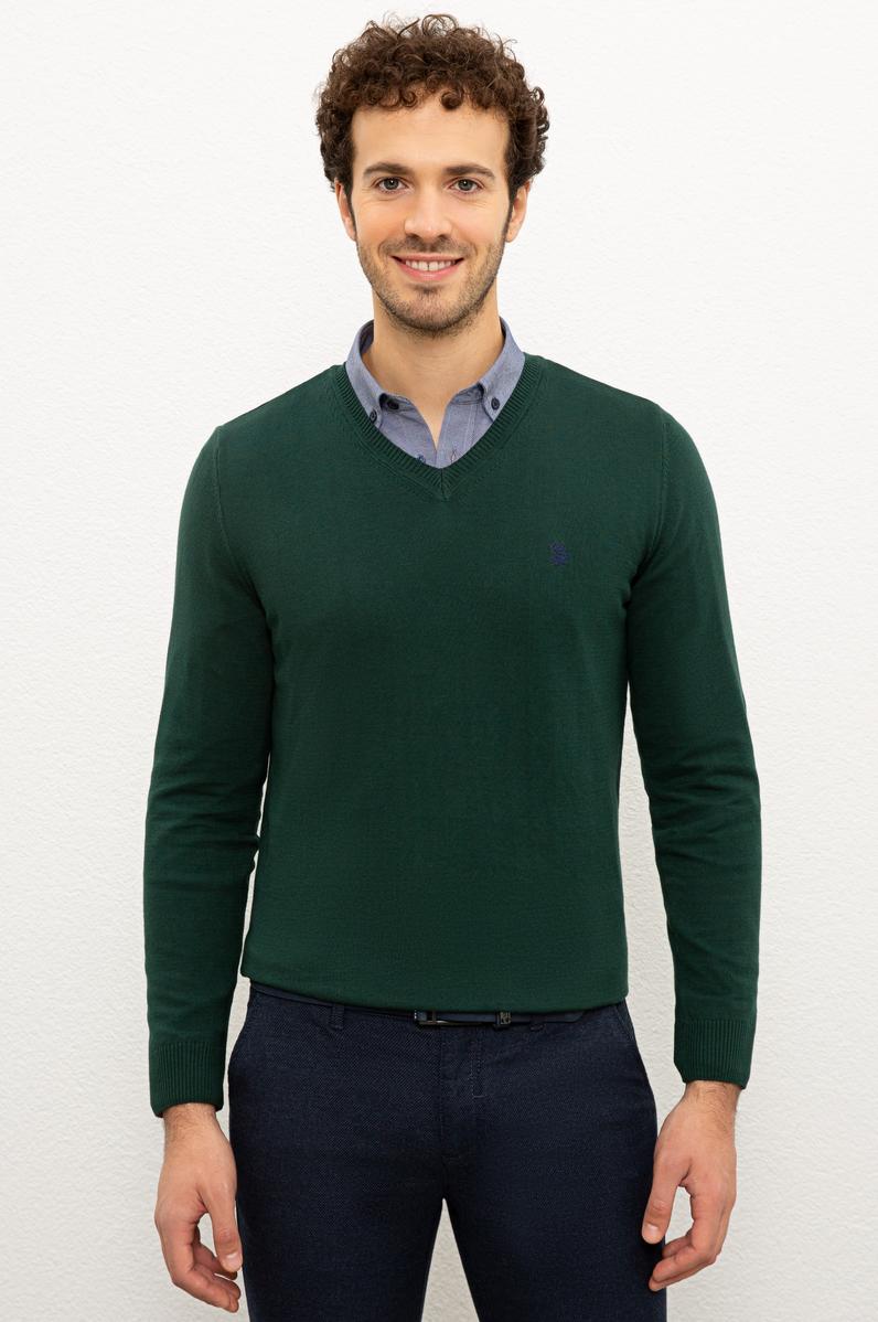 Erkek Koyu Yeşil V-Yaka Triko Kazak Basic