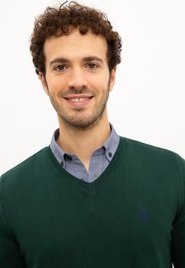 Erkek Koyu Yeşil V-Yaka Triko Kazak Basic - 50224729009