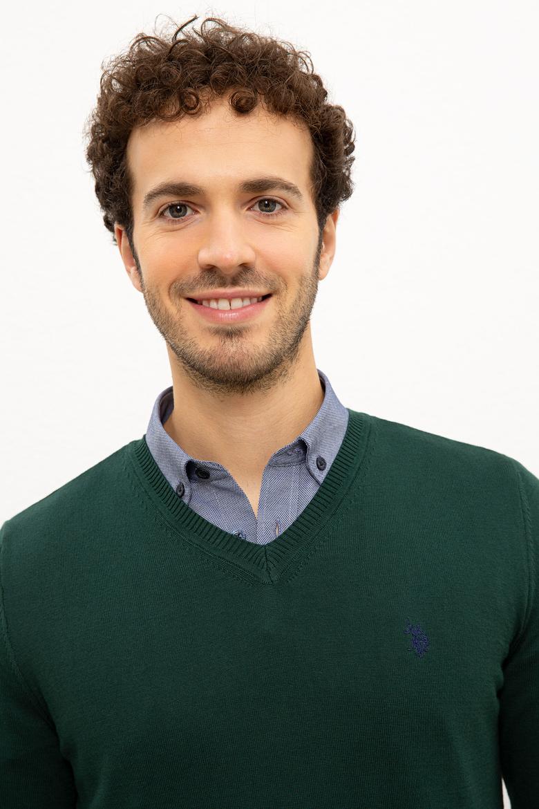 Erkek Koyu Yeşil V-Yaka Triko Kazak Basic - 50224729009