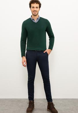 Erkek Koyu Yeşil V-Yaka Triko Kazak Basic - 50224729009
