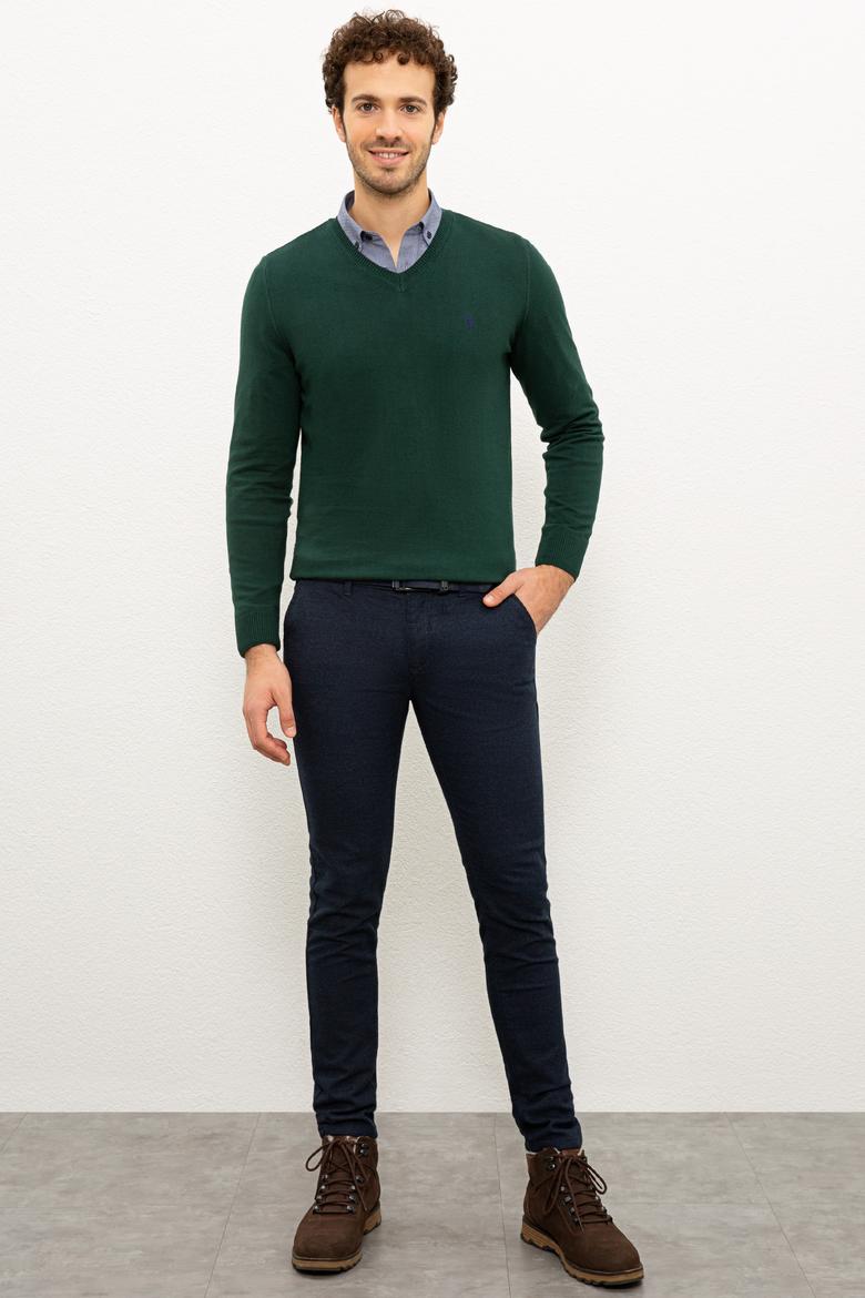 Erkek Koyu Yeşil V-Yaka Triko Kazak Basic - 50224729009