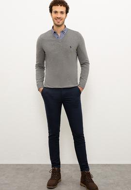 Erkek Gri Melanj V-Yaka Triko Kazak Basic - 50224729025