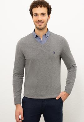 Erkek Gri Melanj V-Yaka Triko Kazak Basic - 50224729025