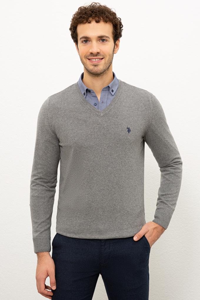 Erkek Gri Melanj V-Yaka Triko Kazak Basic