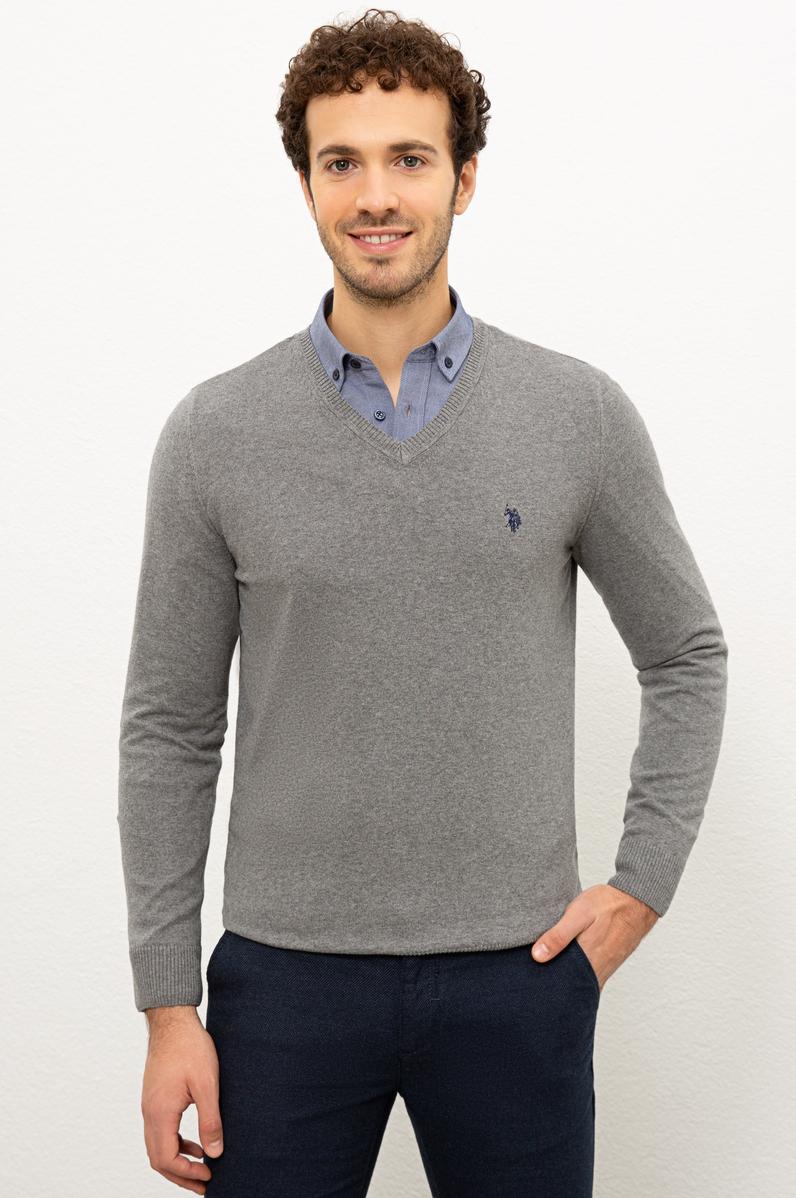 Erkek Gri Melanj V-Yaka Triko Kazak Basic