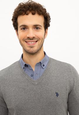 Erkek Gri Melanj V-Yaka Triko Kazak Basic - 50224729025