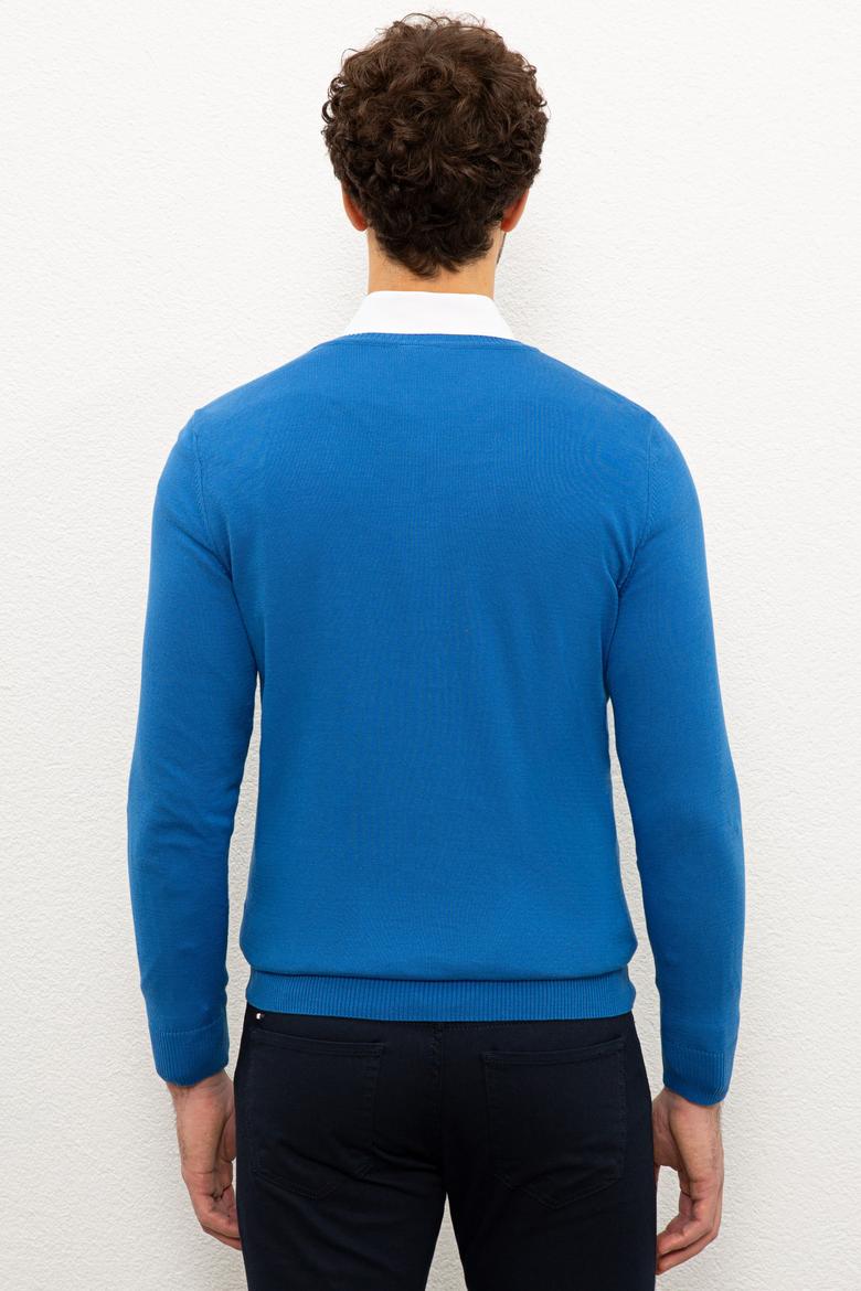 Erkek Kobalt V-Yaka Triko Kazak Basic - 50224729069