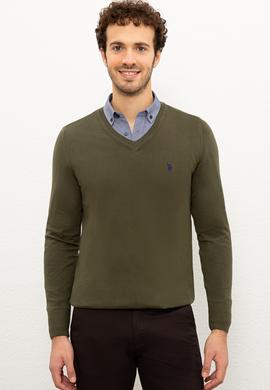 Erkek Haki V-Yaka Triko Kazak Basic - 50224729054