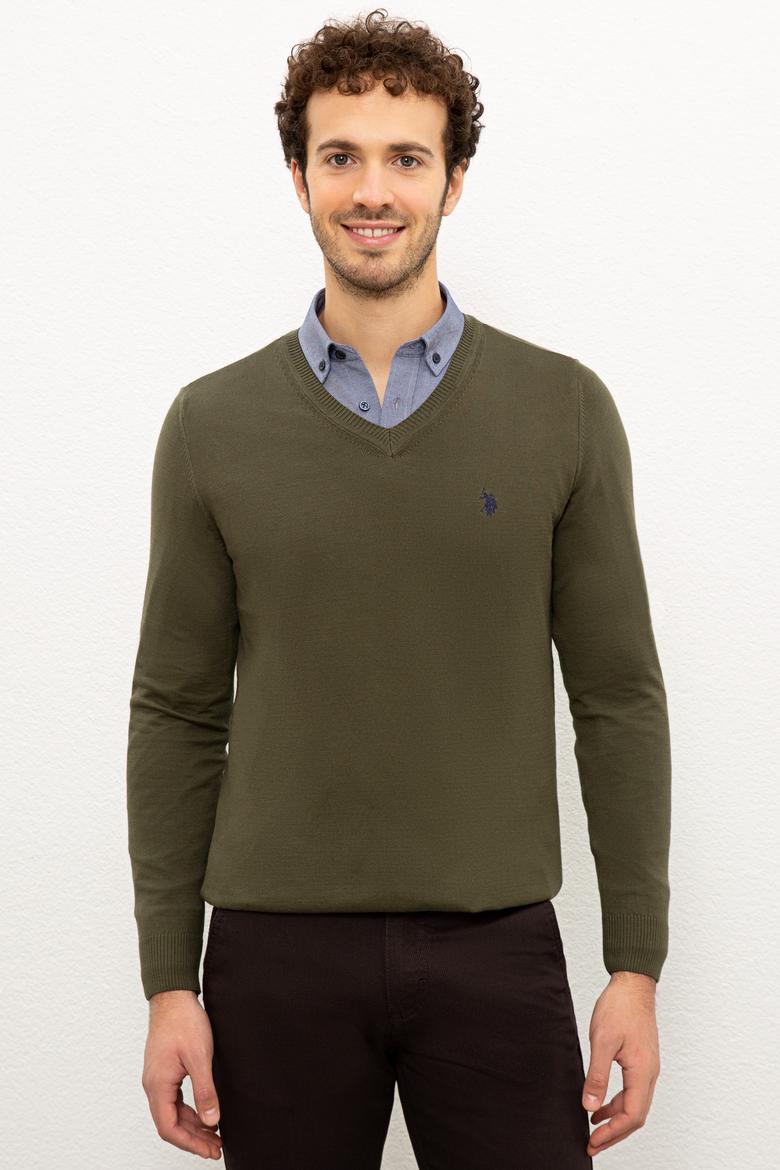 Erkek Haki V-Yaka Triko Kazak Basic