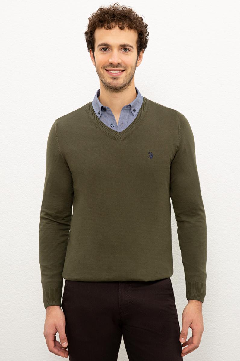 Erkek Haki V-Yaka Triko Kazak Basic