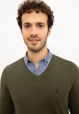 Erkek Haki V-Yaka Triko Kazak Basic - 50224729054