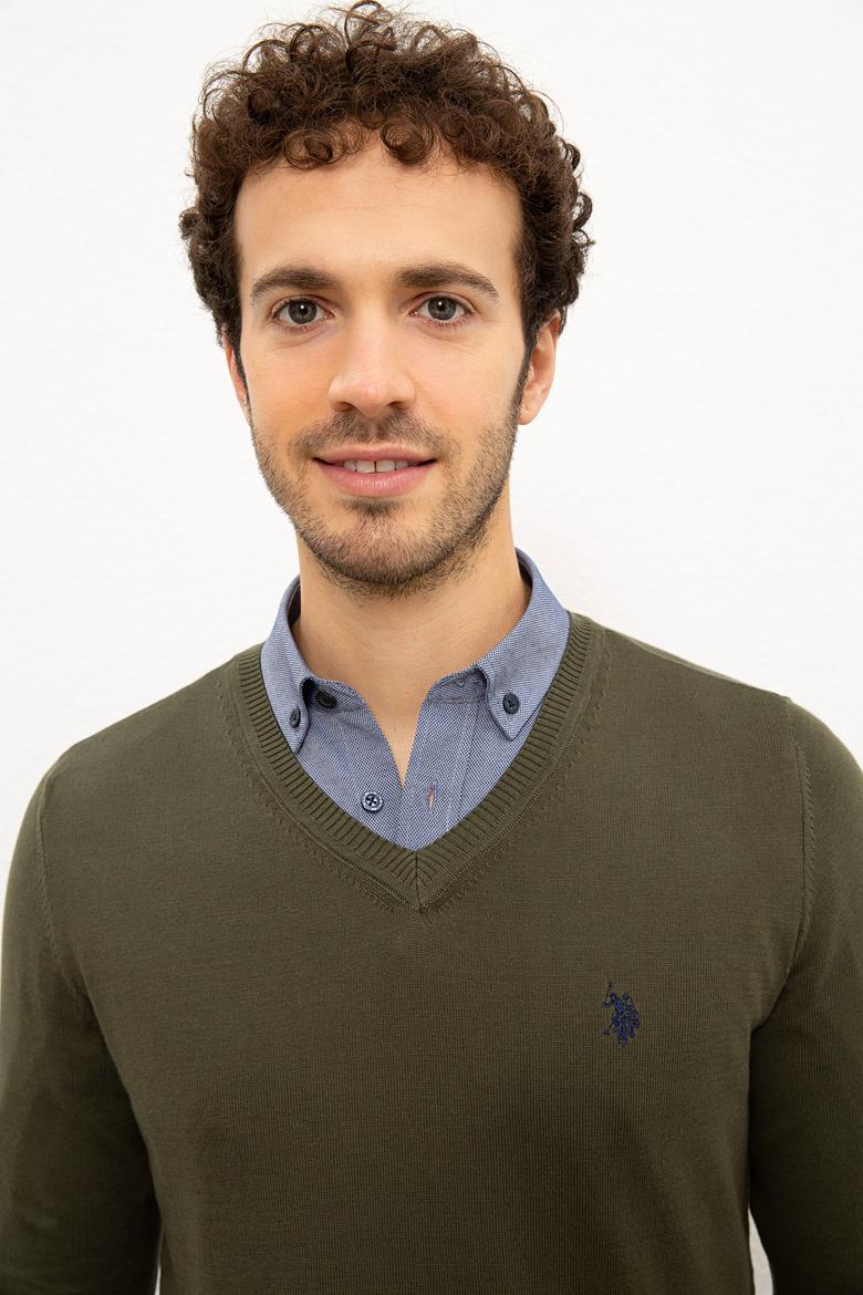 Erkek Haki V-Yaka Triko Kazak Basic - 50224729054