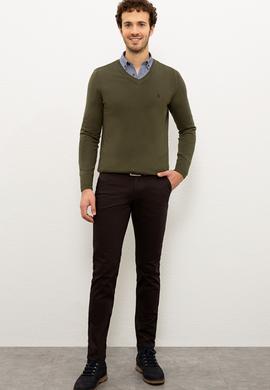 Erkek Haki V-Yaka Triko Kazak Basic - 50224729054
