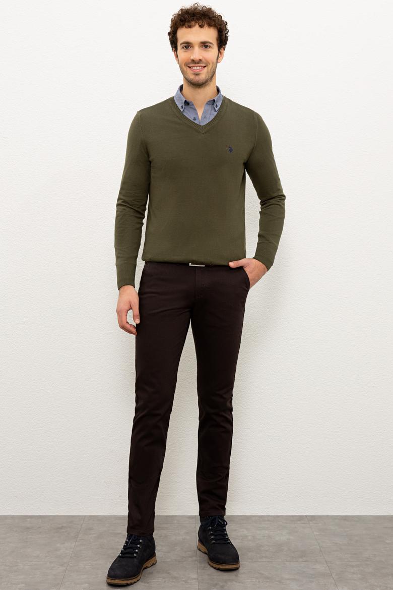 Erkek Haki V-Yaka Triko Kazak Basic - 50224729054