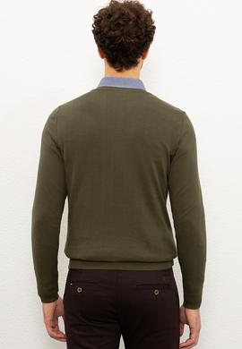 Erkek Haki V-Yaka Triko Kazak Basic - 50224729054