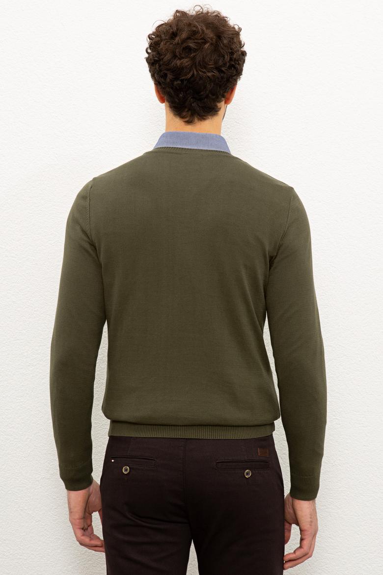 Erkek Haki V-Yaka Triko Kazak Basic - 50224729054
